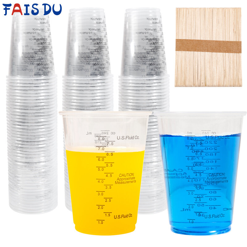 FAIS DU 20,50,80,100 и 200шт 8 унций Одноразовые мерные стаканчики с палочками для перемешивания Многоцелевой Пластик Чашки для смешивания эпоксидной смолы для выпечки, смешивания красок, пигментов