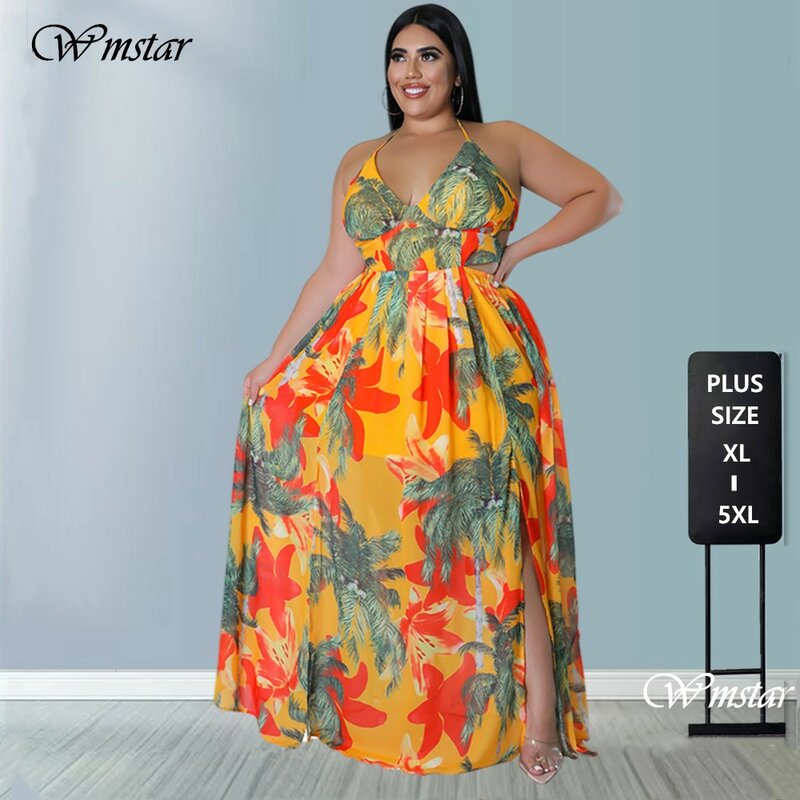 Wmstar Plus Size Dresses Women Print Maxi Bandage Open Back Summer Holiday V Neck Sexy Party Dress 2022 Wholesale Dropshipping