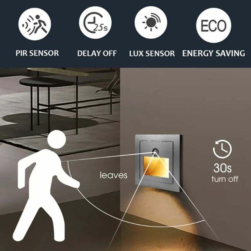 PIR Motion Sensor Body Sensor Lamp Professional Square Recessed Stair Light Infrared LED Night Light Corridor Aisle