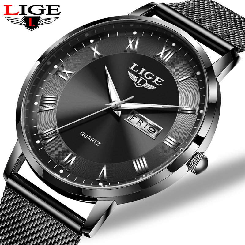Lige-الحد الأدنى الفولاذ المقاوم للصدأ ساعة كوارتز للرجال ، ساعات رقيقة جدا ، بسيطة الأعمال ساعة اليد ، التقويم ، والأزياء