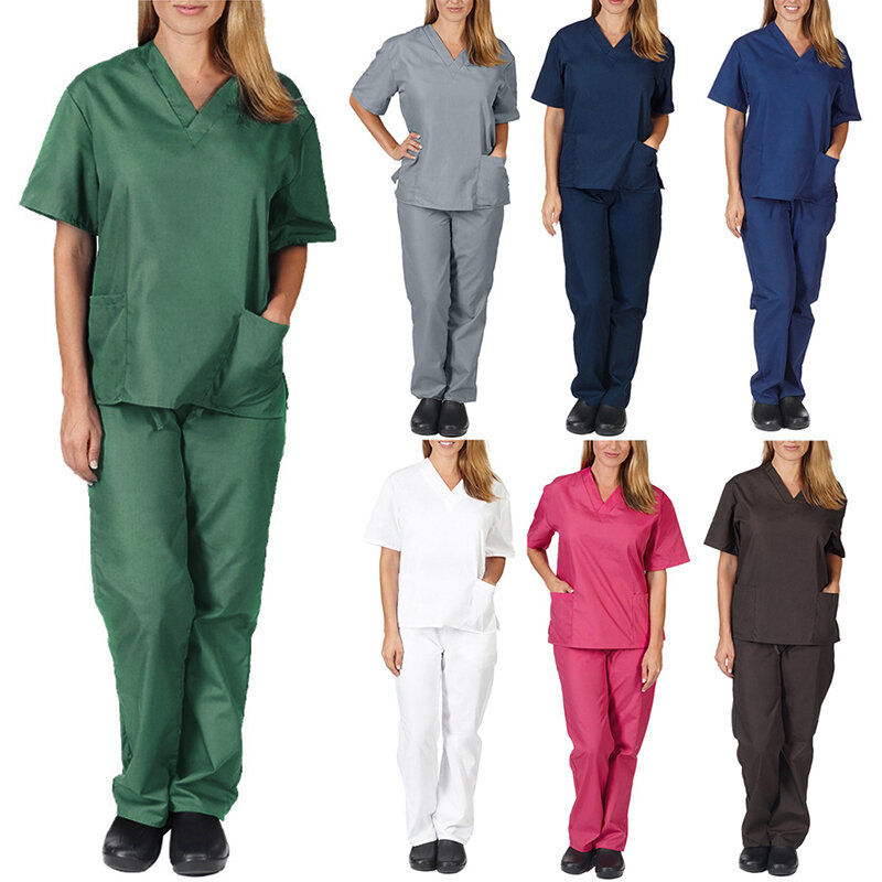 Mulheres Manga Curta Enfermeira Uniforme Conjunto, Camisa Decote V, Fosco Enfermeira Scrubs, Fato de trabalho, Tops, Calças Elásticas, Novo, Doutor