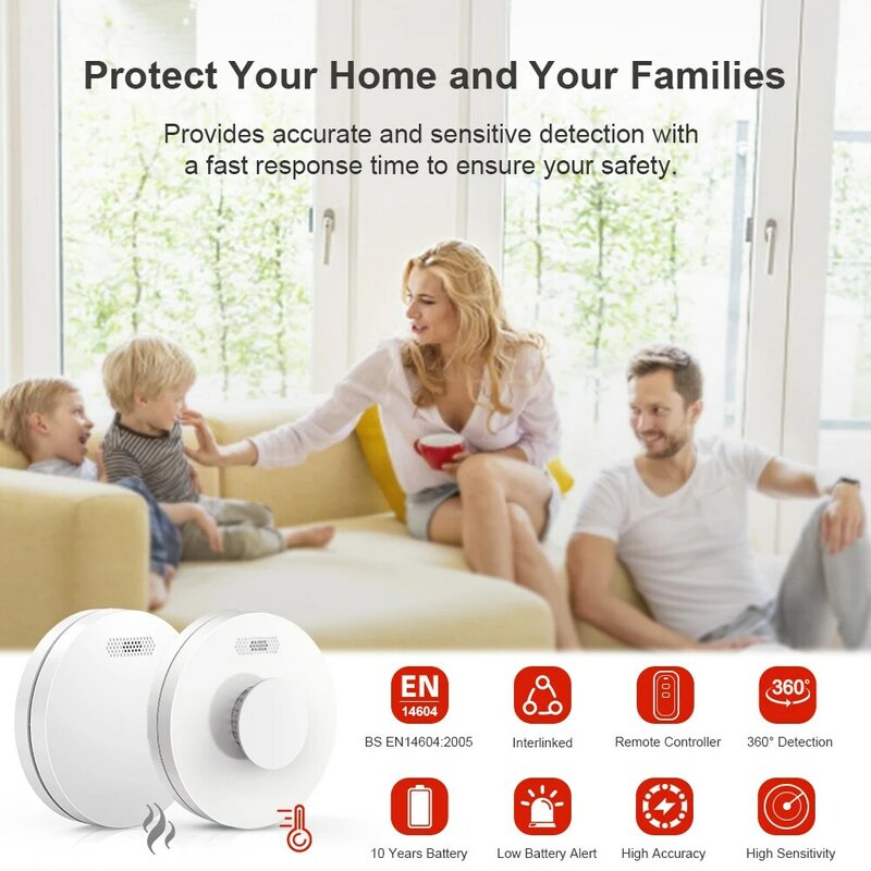 CPVAN Interconnected Smoke Detector and Heat Alarm with Sealed 10 Years Battery Wireless 433Mhz Fire Sensor Connectable EN14604