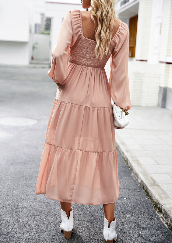 YEAE 우아한 단색 긴 원피스 긴 소매 랜턴 소매 하이웨이스트 A 라인 여성 드레스, 캐주얼 데일리 통근 드레스, 2024 신상