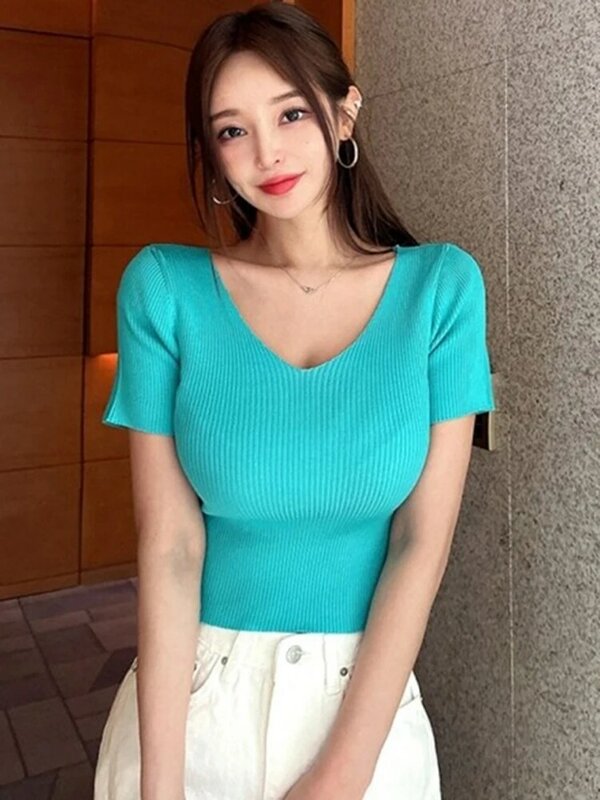 V-Neck Sexy Pullover knitted Short Sleeve knitted Sweater Women Spring Summer Slim Basic Solid Casual Base Female knitting shirt