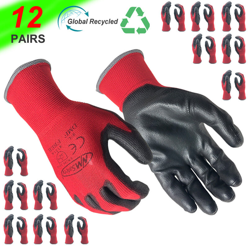 Luvas de segurança de jardim para homens Luvas de malha Nylon mergulhado, PU nitrilo revestido, Palm Security, Trabalho de proteção, Vermelho, 24 pares, 12 pares