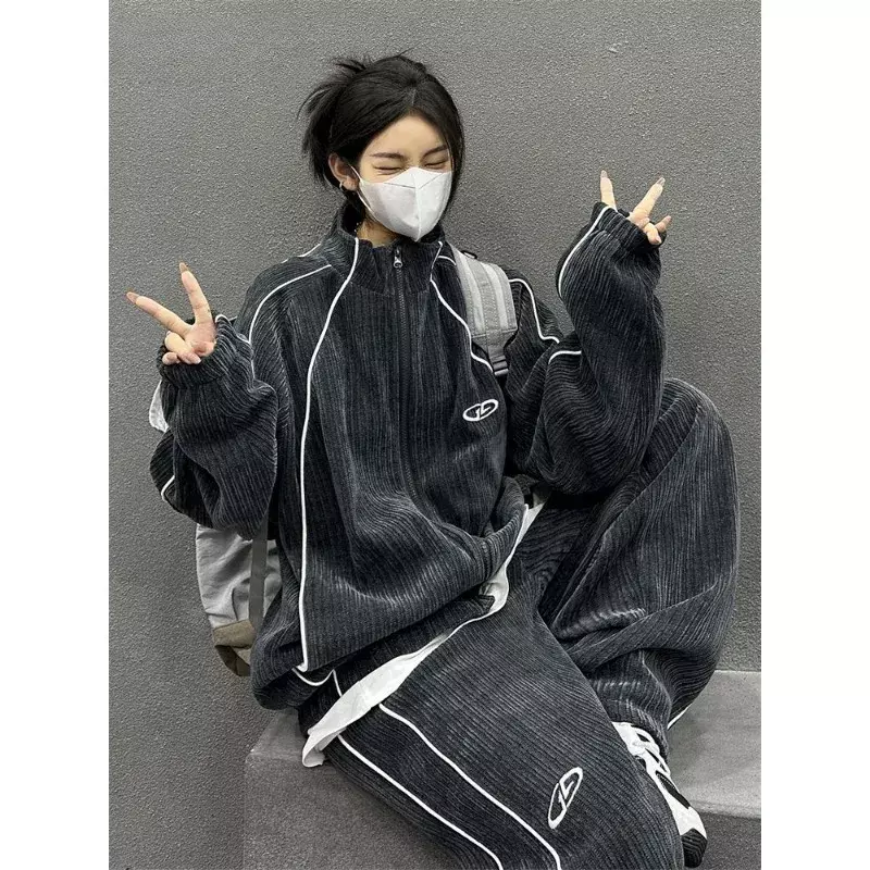 Jaket kardigan corduroy bergaya Korea Pria Wanita, set pakaian lengkap untuk pasangan, jaket kardigan retro niche model Korea untuk pria dan wanita