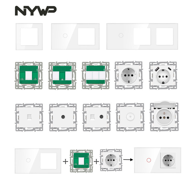 Nywp 벽걸이 DIY 모듈, 유럽 표준, 화이트 강화 크리스탈 유리 패널 소켓, 터치 스위치, 단추 기능 콤비