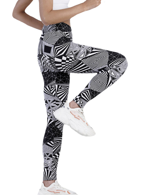 Ysdnchi geométrica impresso leggings de cintura alta mulheres fitness workout yoga calças elástico ginásio apertado-fitting esportes correndo empurrar para cima