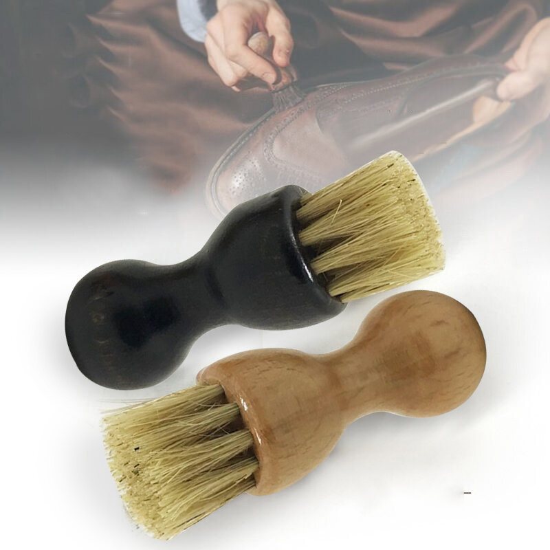 Mini escova portátil para sapatos, punho de madeira, cerdas de porco, couro, escova lustrando, cabaça de limpeza doméstica