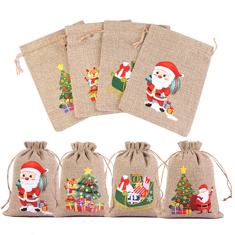 New Christmas Drawstring Gift Bag Decor Cute Santa Claus Snowflake Elk Cotton Linen Storage Bags New Year Party Candy Pouches