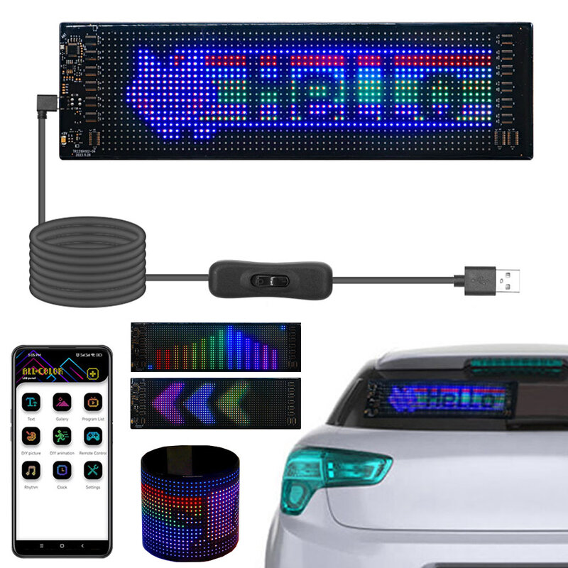 Matriz LED Painel Pixel flexível, DIY Design Rolagem Publicidade, slogan do carro, RGB endereçável, Bluetooth App, USB, 5V