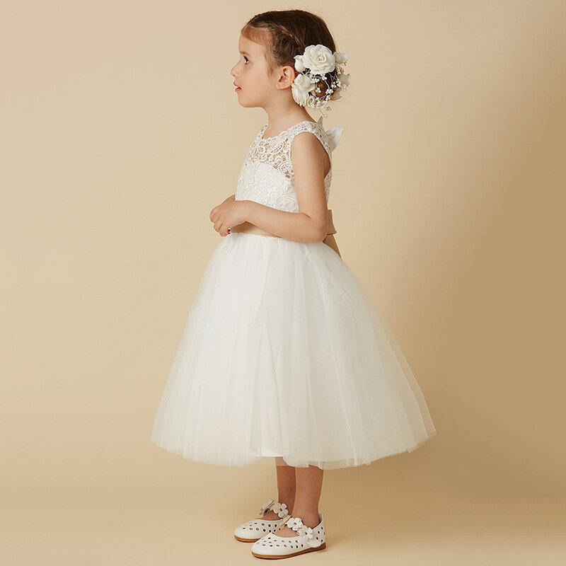 Детское свадебное платье для девочек, кружевное платье средней длины без рукавов для выступлений, пышное платье принцессы на день рождения