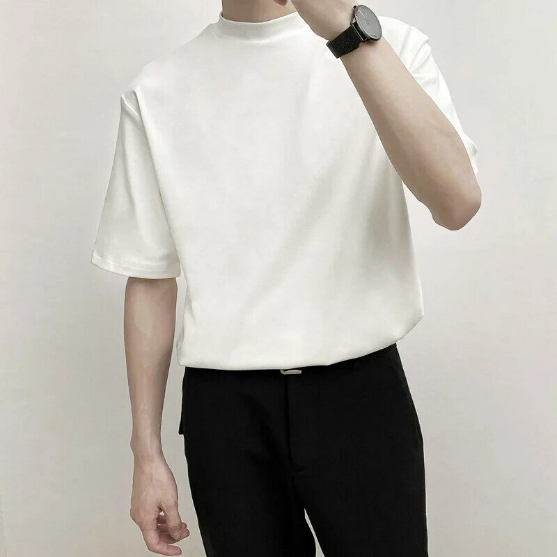 Camiseta masculina de colarinho meio alto, camiseta manga curta, cor sólida, roupas da moda, tamanho grande, design de nicho de verão, novo, 2024