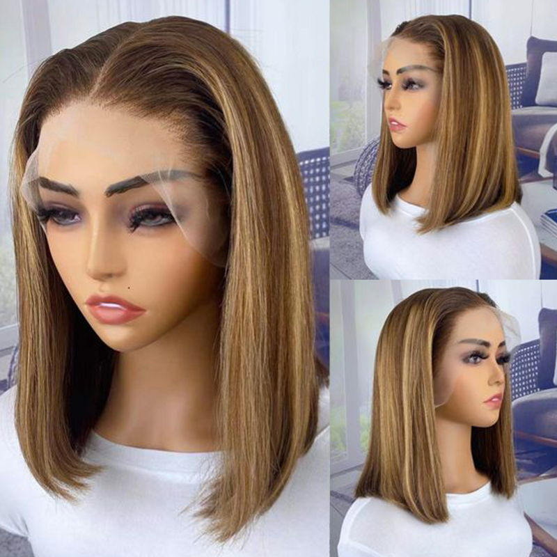 Straight Highlight Lace Front Human Hair 13x4 Lace Frontal Wigs Brazilian Remy Honey Blonde Brown Color Wear Go Glueless Wig