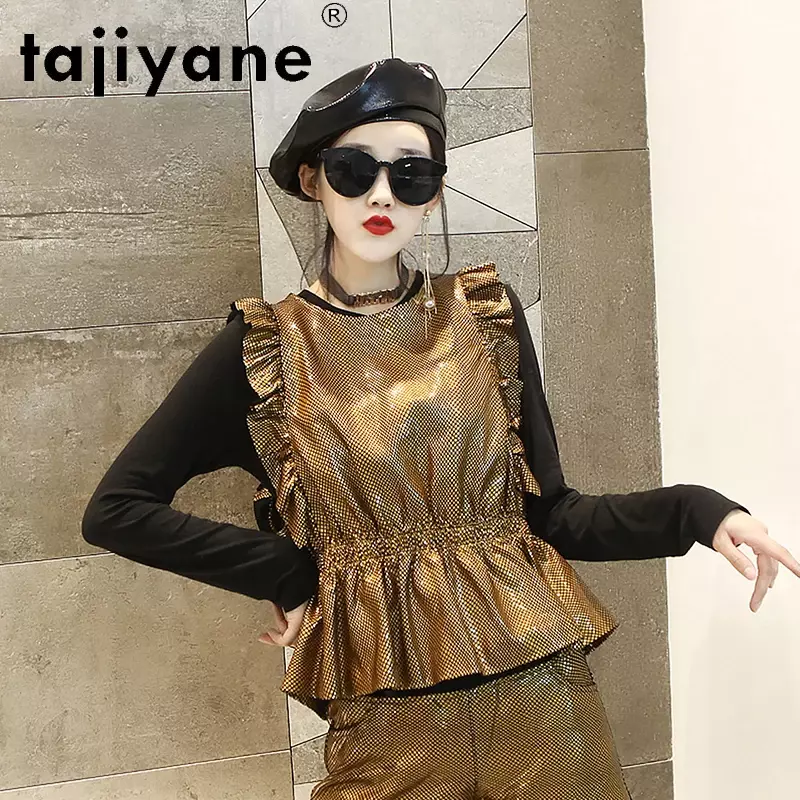 Tajiyane-女性用ピュアレザーベスト,新しい春のシープスキン,ノースリーブ,薄い,光沢のある,トレンド2022,fcy107