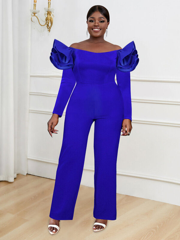 Women Elegant Blue Jumpsuit Plus Size Off the Shoulder Flutter Sleeve Long Sleeve High Waist Wide Leg One Piece Outfit Rompers