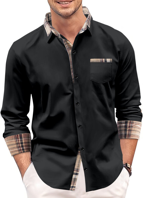 Chemise à carreaux à manches longues pour hommes, chemise décontractée, bouton de revers, poche UR, patchwork, mode, printemps, automne, nouveau