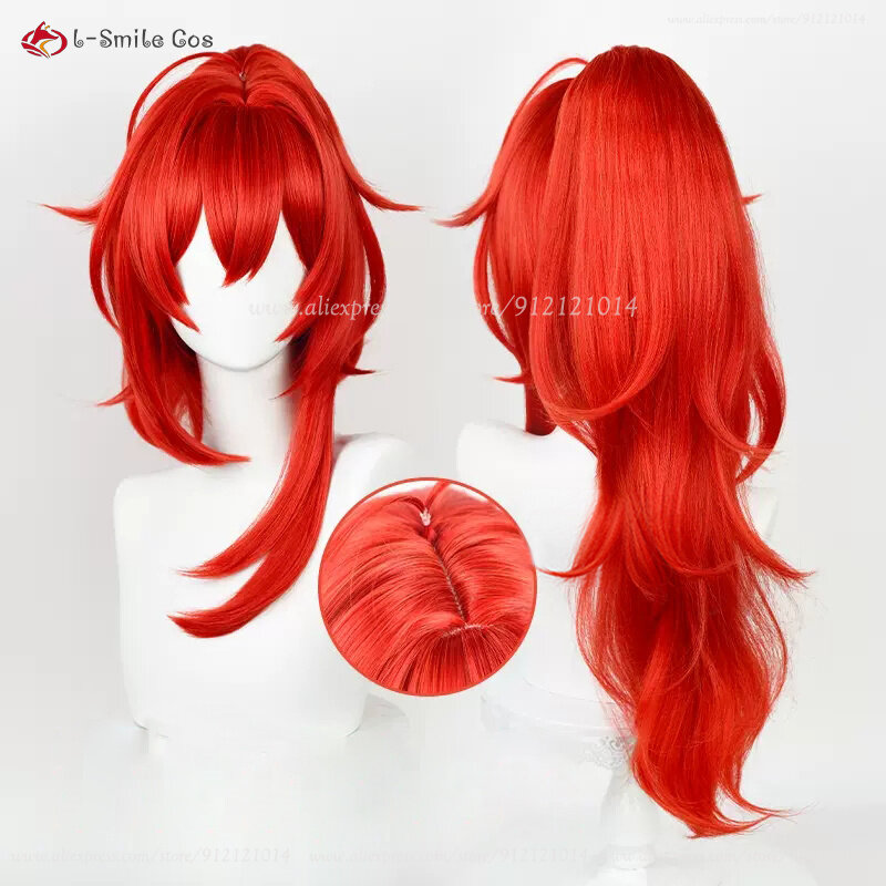 Diluc Ragnvindr peruca longa vermelha Cosplay com rabo de cavalo alto, cabelo sintético, anime perucas, resistente ao calor, jogo