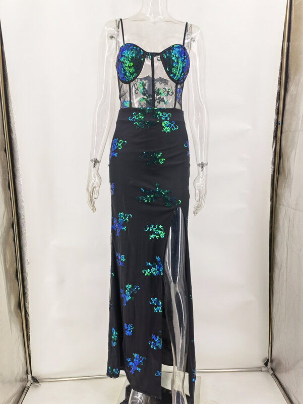 Сексуальное зеленое прозрачное вечернее платье с глубоким V-образным вырезом и блестками для женщин длинные платья на бретелях-спагетти с высоким разрезом женское вечернее платье
