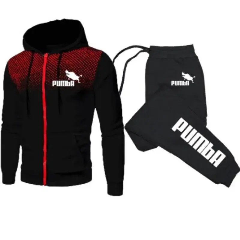 Puma setelan pakaian sepak bola pria, Hoodie ritsleting + celana dua potong kasual olahraga Gym merek pakaian keringat