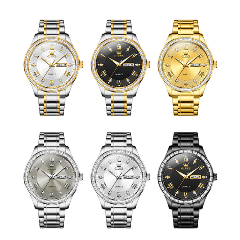 OLEVS 9906 modna zegarek kwarcowy na prezent ze stali nierdzewnej z okrągłym tarczą tygodniowy kalendarz