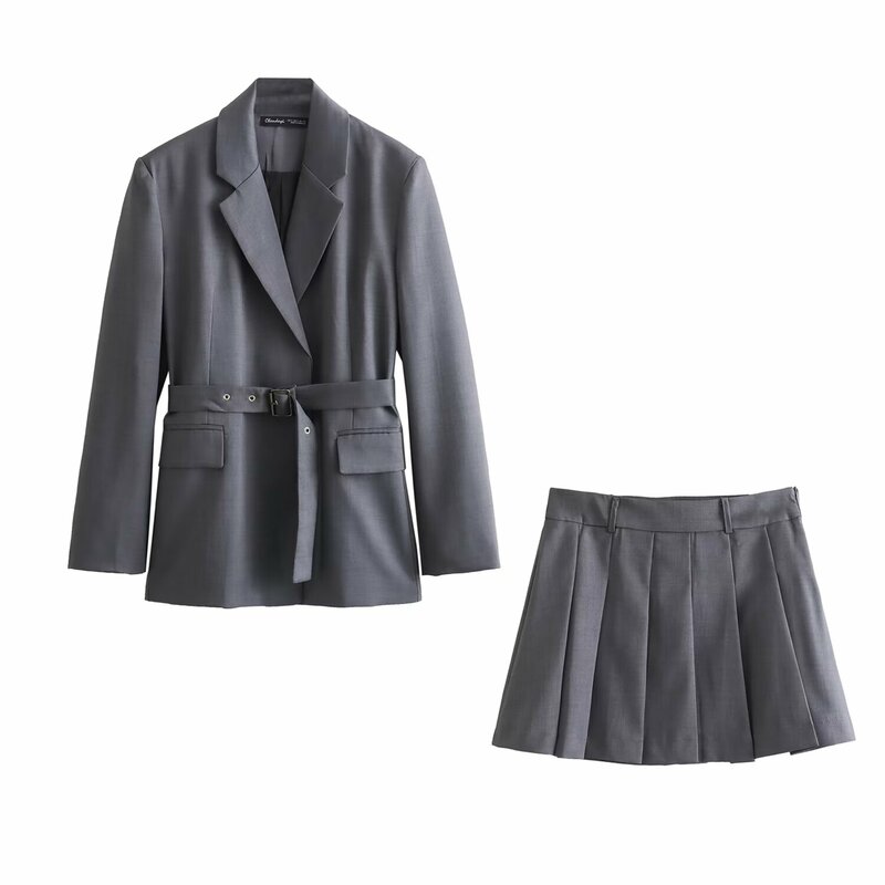 Ensemble veste de costume slim pour femme, ceinture mélangée, mini jupe plissée large pour femme, mode féminine, ensemble 2 pièces, 2024