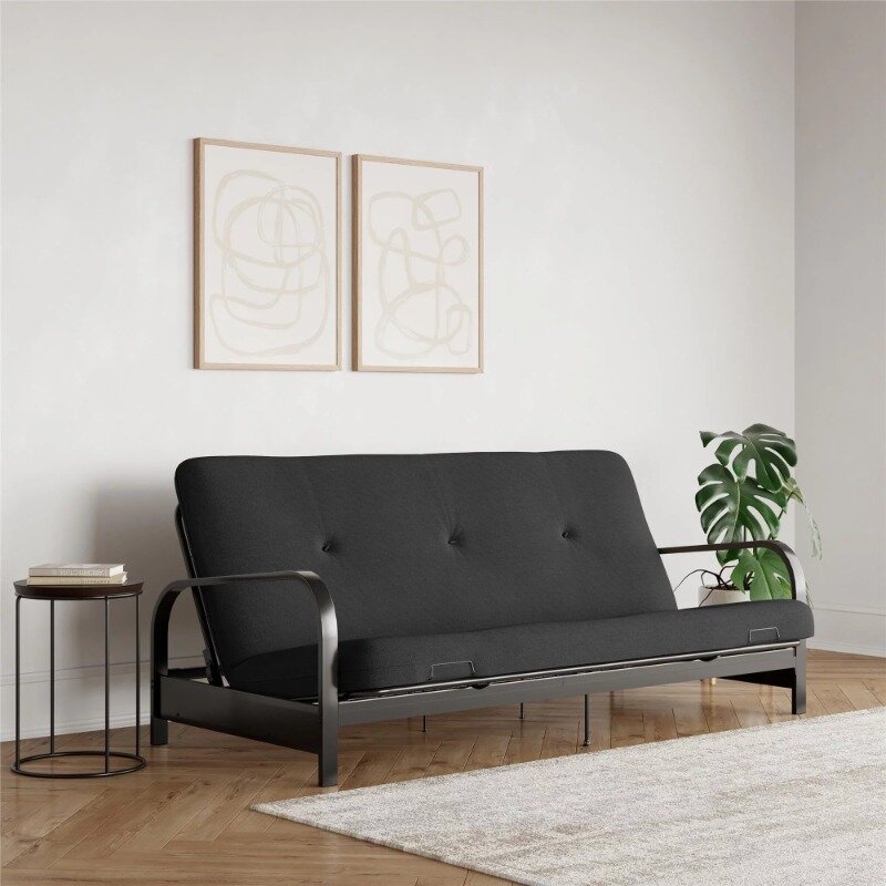 Caddie 6-Inch Futon Mattress with Tufted Cover and Recycled Polyester Fill, Full, Black Linen Futons, Living Room Furniture