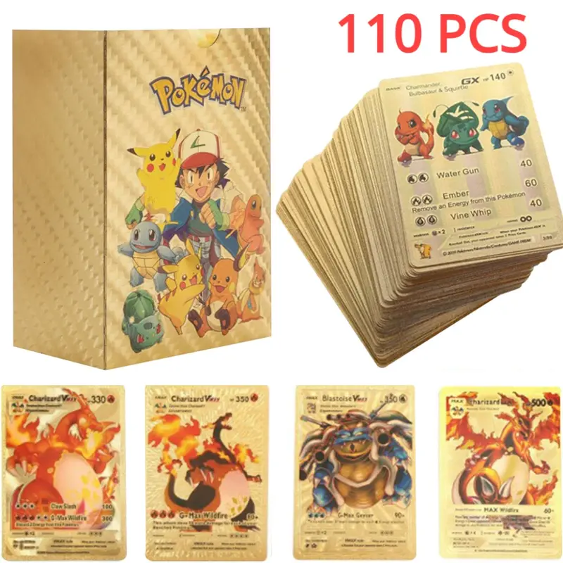 Cartas de Pokémon de 27-110 piezas, Pikachu, dorado, plateado, negro, colorido, Vmax, GX, Vstar, español, inglés, francés, alemán, colección de tarjetas, juguetes de regalo