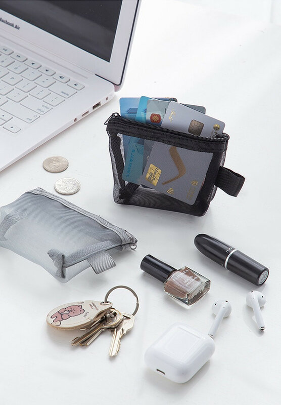 Mini bolsa de malla con cremallera para viaje para mujer y niña, monedero pequeño, cartera, bolso de mano, lápiz labial, tarjeta, llave, auriculares