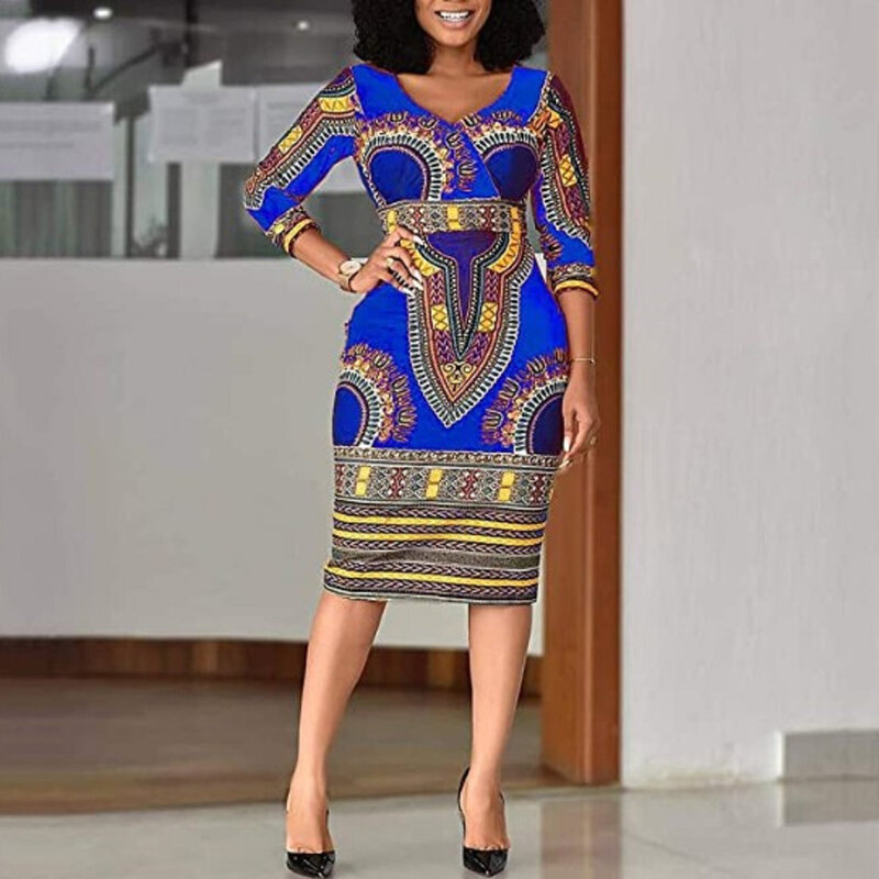 Vestido estampado de moda para mujer, falda ajustada con cuello en V y cintura, estilo étnico, ropa africana, novedad de 2022