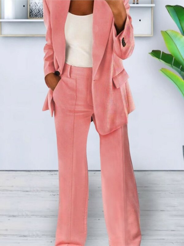 Blazer de manga larga de Color liso para mujer, traje informal Simple con bolsillo, pantalones de oficina a la moda, conjunto de 2 piezas, Otoño e Invierno