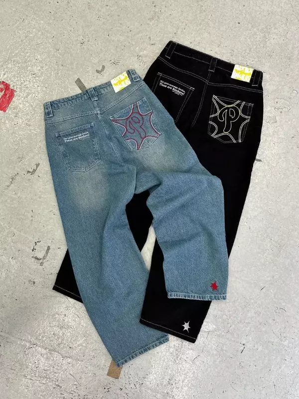 Jins kaki lebar untuk pria, pakaian jins motif Hip Hop Retro jalanan, Jeans kasual pinggang tinggi warna hitam 2023