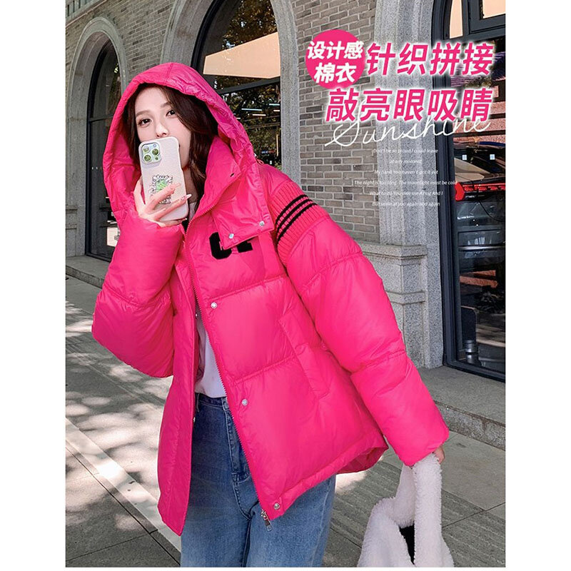 2023 Winter Donzen Katoenen Jas Met Capuchon Parka 'S Vrouwen Mode Korte Losse Veelzijdige Koreaanse Breien Splicing Dikke Warme Jas Vrouw
