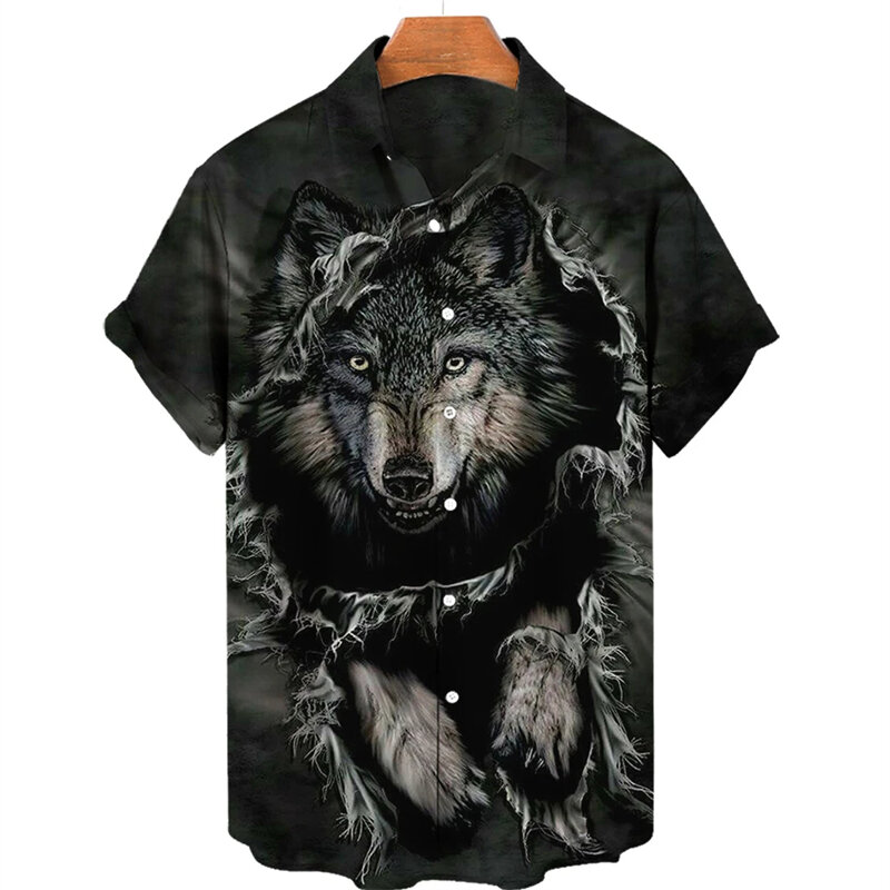Camisas estampadas de lobo Animal solitario para hombres, camisas Punk de moda, blusas casuales para hombres, ropa de calle de manga corta, blusa de solapa