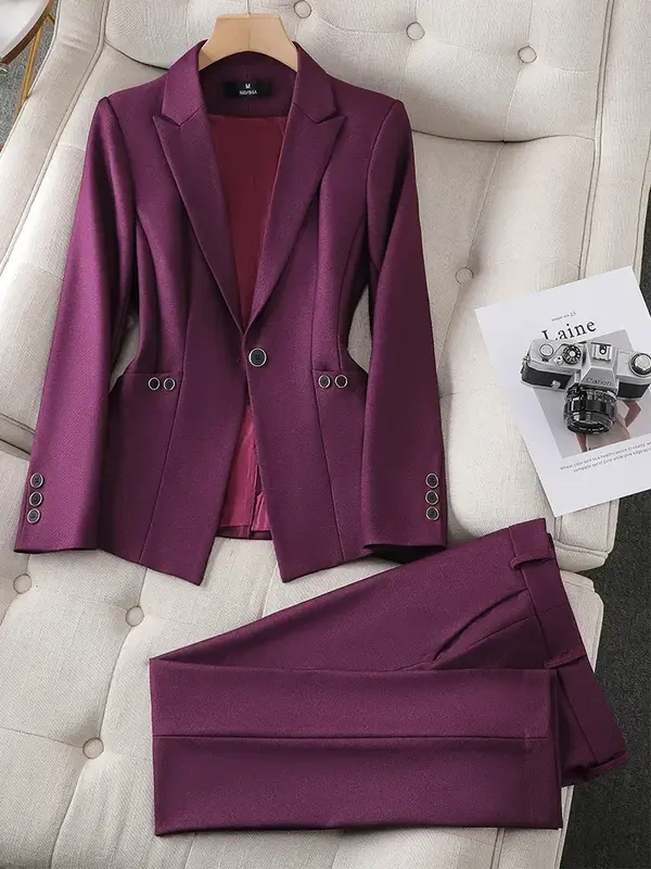 Blazer et pantalon formel imbibé pour femme, veste femme surintendant, vêtements de travail d'affaires, ensemble 2 pièces, vert, violet, bleu, noir, solide, nouveau
