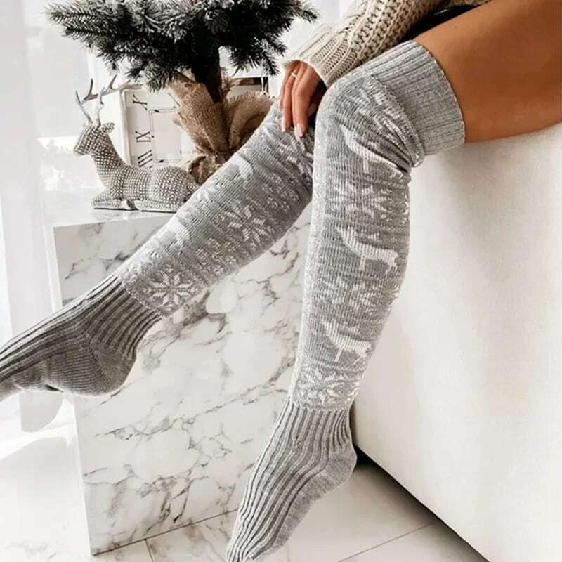 Рождественские вязаные шерстяные чулки с перекрестными краями для женщин, олени, длинные носки до колен