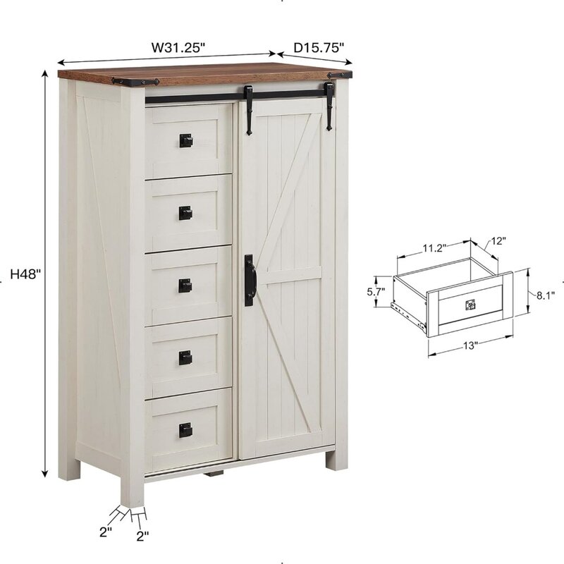 Dresser with Sliding Barn Door, 5 Peito de Gavetas, Organizador de armazenamento, Farmhouse Modern Tall Dresser for Bedroom