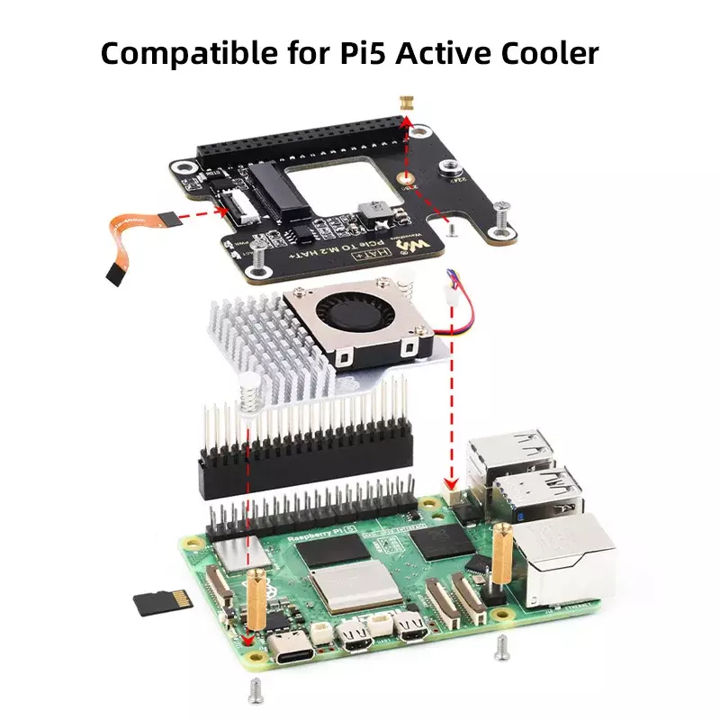 Raspberry Pi 5 Placa de Expansão de Alta Velocidade, PCIe para M.2 HAT, NVME, Cabo 16P, GPIO Suporte Header, Cooler Ativo para RPI 5 Pi5