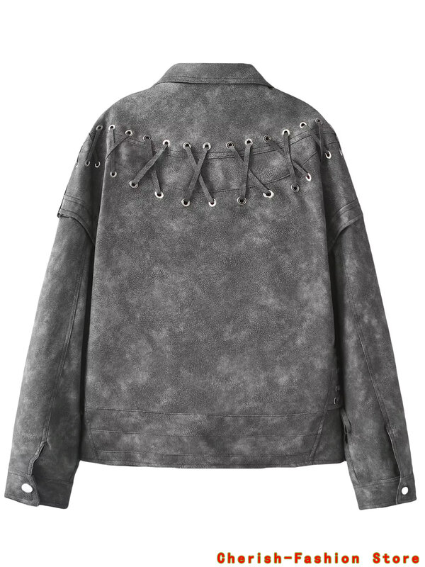 2024 Spring New PU Leather Jacket Women High Quality Vintage Grey Leather Jacket Ladies Streetwear Vintage Lapel Jacket