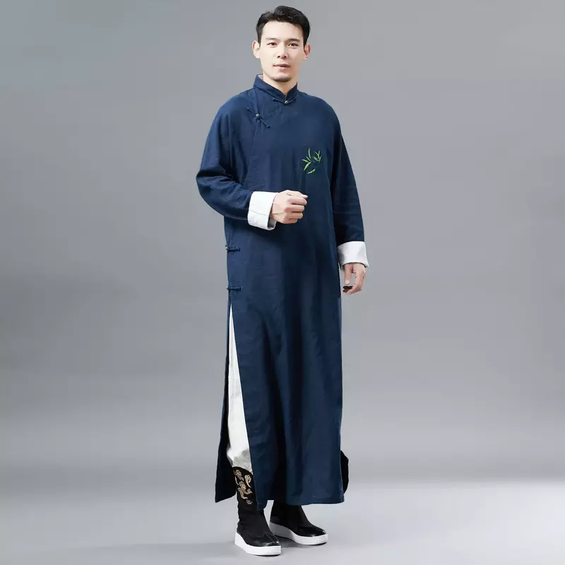Zielona bambusowa długa koszula męska w stylu etnicznym długie Hanfu