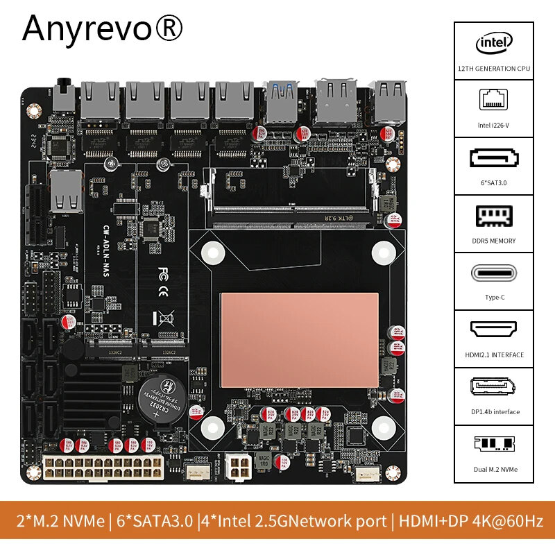 6-Bay N100 i3-N305 NAS Carte Mère 12e Isabel Intel 4x i226-V 2.5G 2 * NVMe 6 * SATA3.0 DDR5 Mini ITX Routeur Carte Mère PCIex1 Type-C