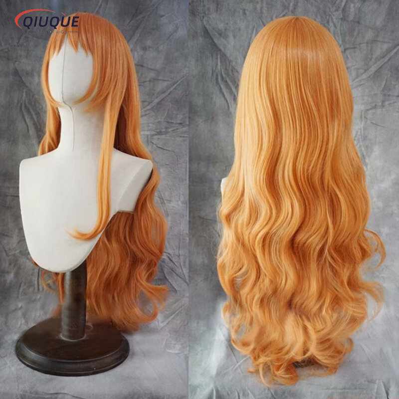 Nami – perruque de Cosplay pour femmes, cheveux bouclés et longs de 75cm, Orange, résistant à la chaleur, Anime, une pièce, avec bonnet