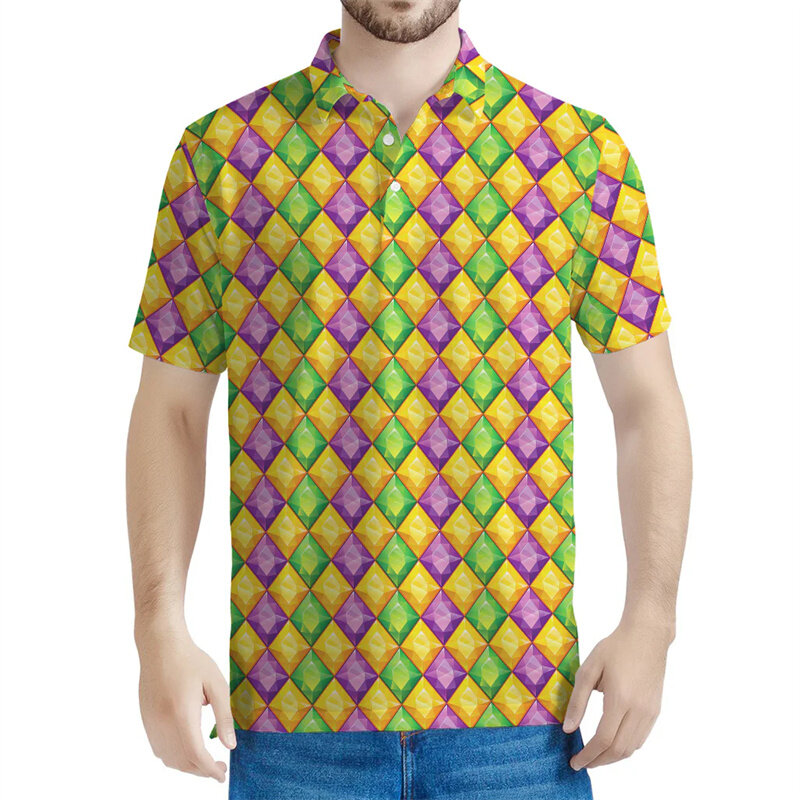 Camisa polo geométrica masculina, arte de moda, lapela impressa em 3D, mangas curtas, camiseta solta de rua verão, camiseta com botão