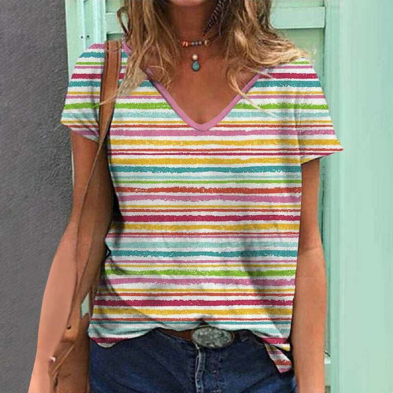 3D Striped Print T-Shirts For Women Oversized V-Neck Short Sleeve Tops Summer Fashion Popular Female Clothing 2024 Streetwear