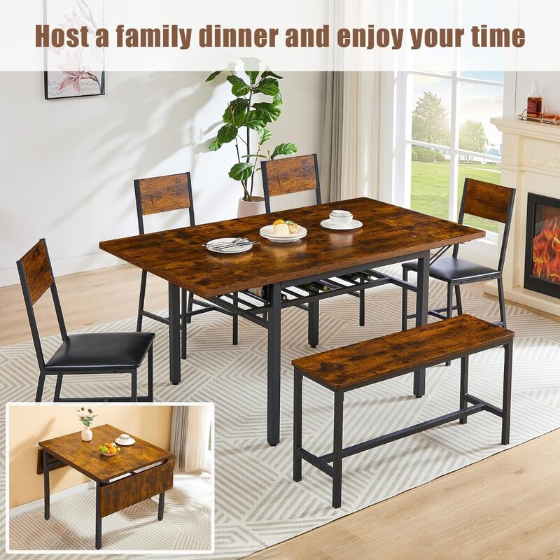 โต๊ะทานอาหารพับเก็บได้ลายใบไม้แบบไม้63นิ้วทันสมัยประหยัดพื้นที่โต๊ะในครัวขยายได้สีน้ำตาล