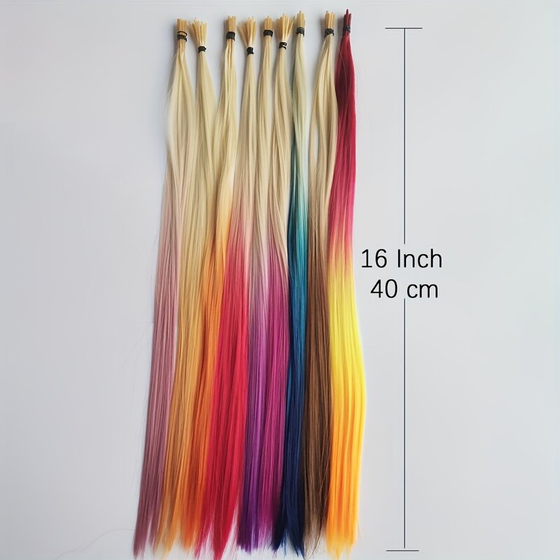 Regenboog Kleur Hair Extensions I-Tip Lange Rechte Haarstukjes Synthetische Highlight Veer Micro Ring Haaraccessoires Ombre Kleur