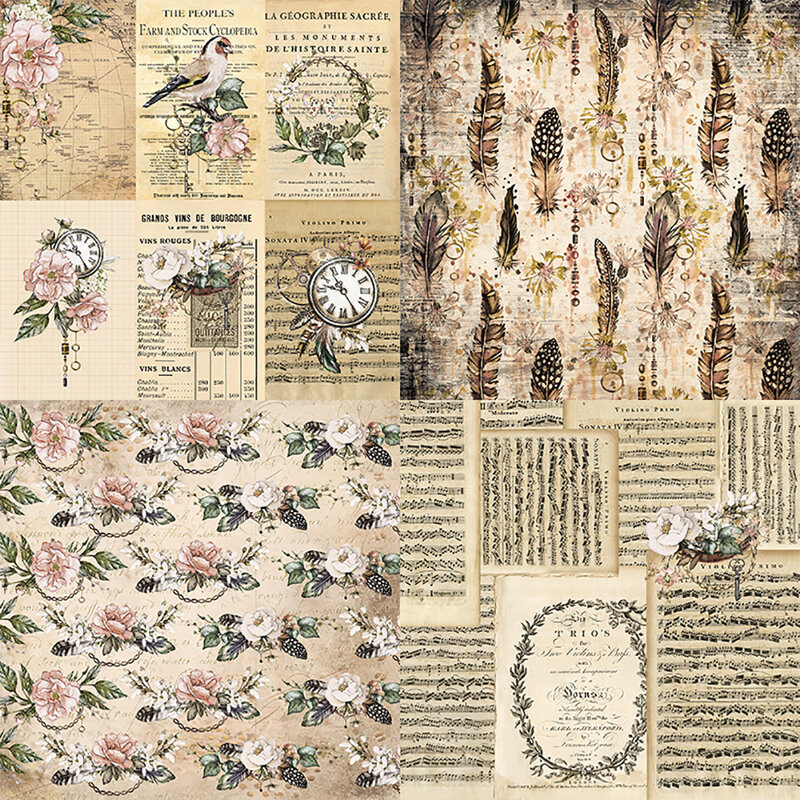 12 hojas de papel de plumas de flores Vintage de 6 "X6", álbum de recortes con estampado de paquete de papel, tarjeta de almohadilla de fondo de papel artesanal hecha a mano