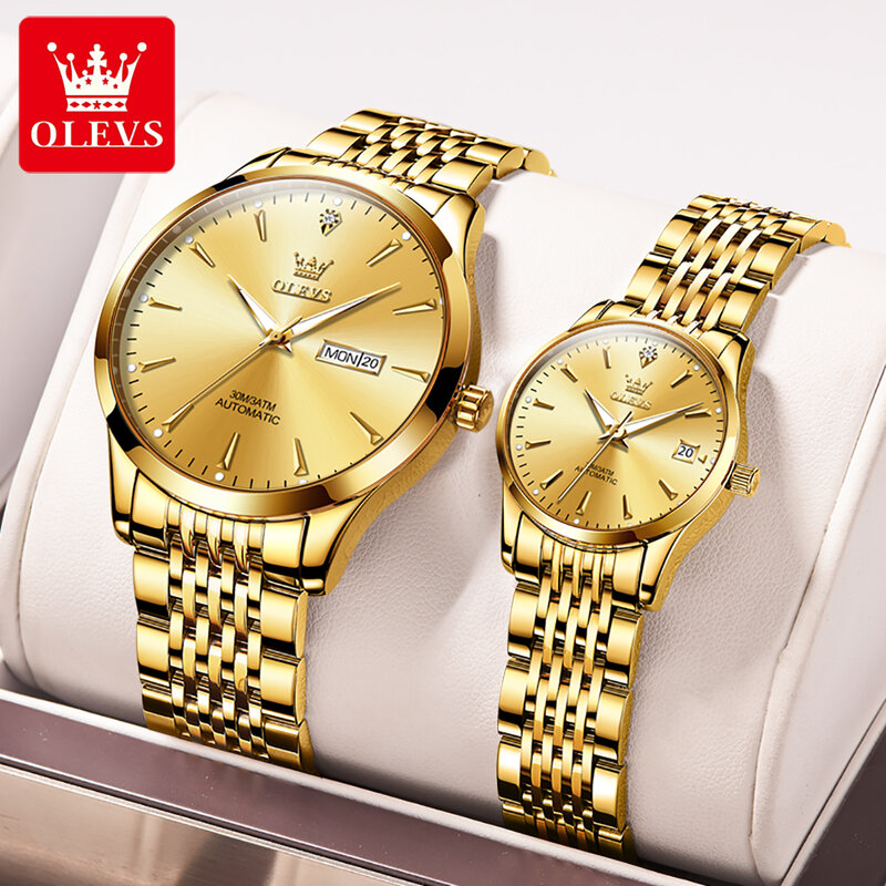 Брендовые роскошные золотые механические часы OELVS для мужчин и женщин, часы из нержавеющей стали для пар, модные стальные водонепроницаемые часы с отображением недели и даты