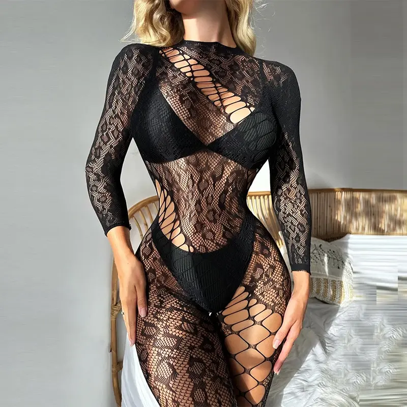 Conjunto de macacão erótico feminino, meia-calça comprida de 1 peça, oca, parte superior da rede de pesca, manga comprida, transparente, sexy, 2022