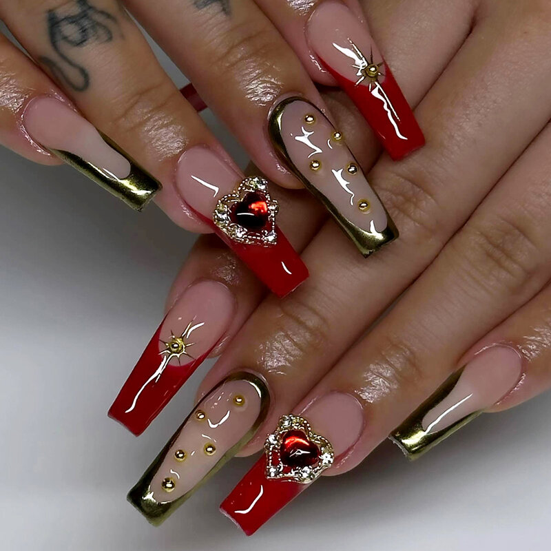 24 pezzi cuore rosso unghie finte lungo lusso con Design francese strass indossabile unghie finte decorazione semplice stampa sulle punte delle unghie